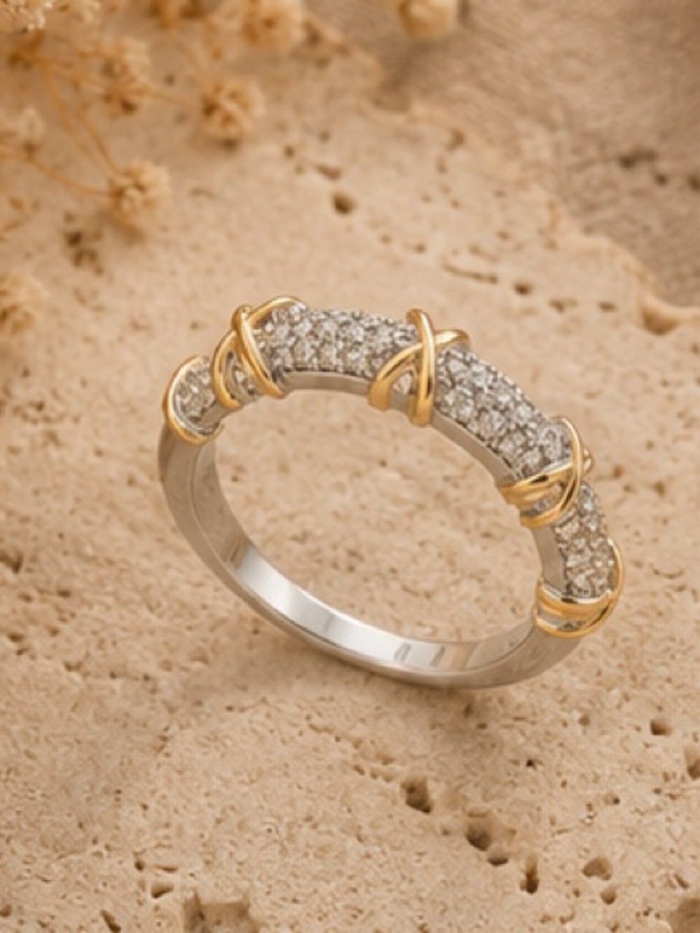 Silver & Gold Pavé X Band Ring – Designer Inspired